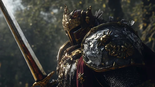 Armored knight holds sword in detailed gold and steel armor