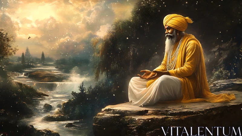 Meditative ascetic in luminous riverine cosmoscape, high detail.