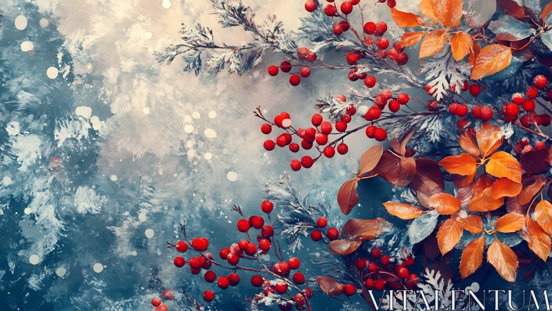 Winter foliage and berries contrast against painted background