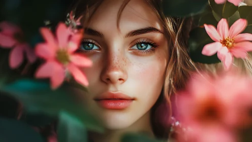 Blue-eyed daydream framed in wild pink garden blossoms.