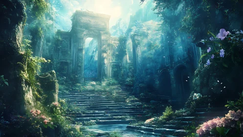 Sunlit overgrown temple staircase within misted mountain ravine.