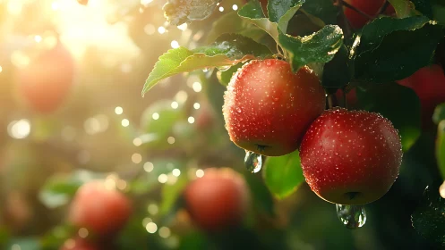Sunlit dewy apples glowing softly on a fresh orchard morning.