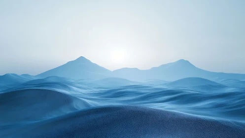 Frozen blue dunes under soft polar sunrise light.