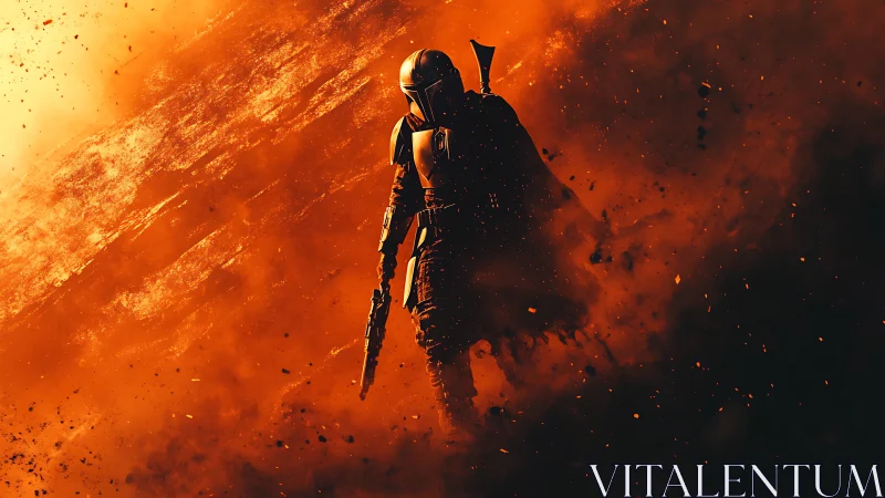 Armored sci fi warrior walking through orange smoke storm.