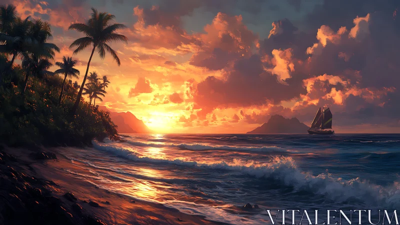 Tropical shoreline sunset with vivid clouds and sailboat.
