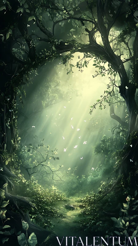 Enchanted Forest Passage with Sunlit Rays.
