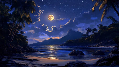 Moonlit Tropical Bay with Mountain Vista.