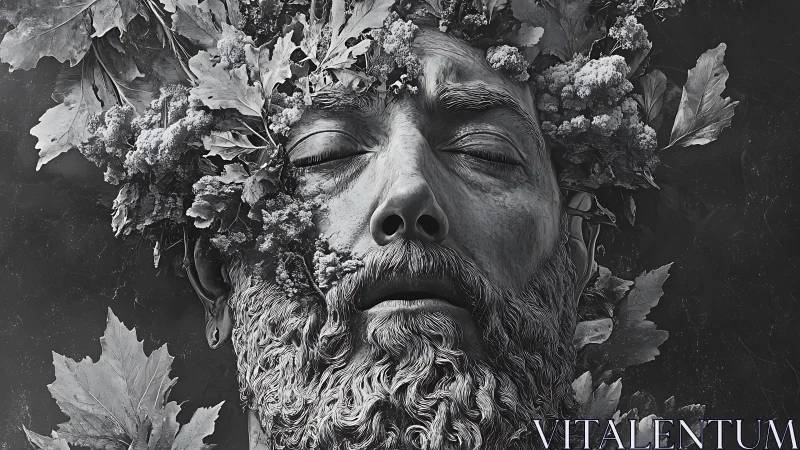 Stone bearded face merged with leaves in grayscale portrait