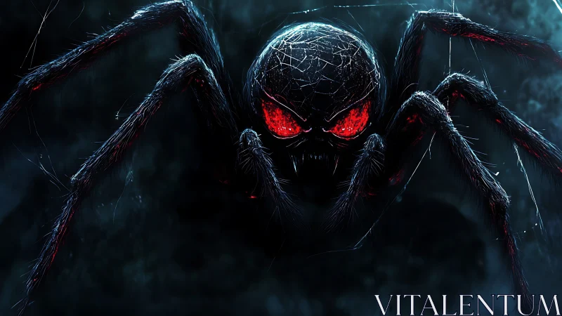 Sinister red‑eyed spider emerging from shadowed void.