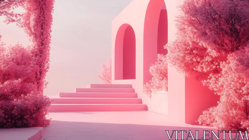 Monumental Archway Through Fluorescent Pink Forest.