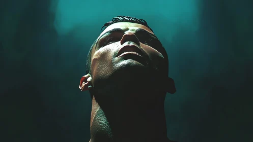 Low angle portrait of man under teal dramatic lighting.