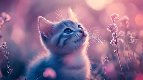 White kitten gazing upward in soft pink field.
