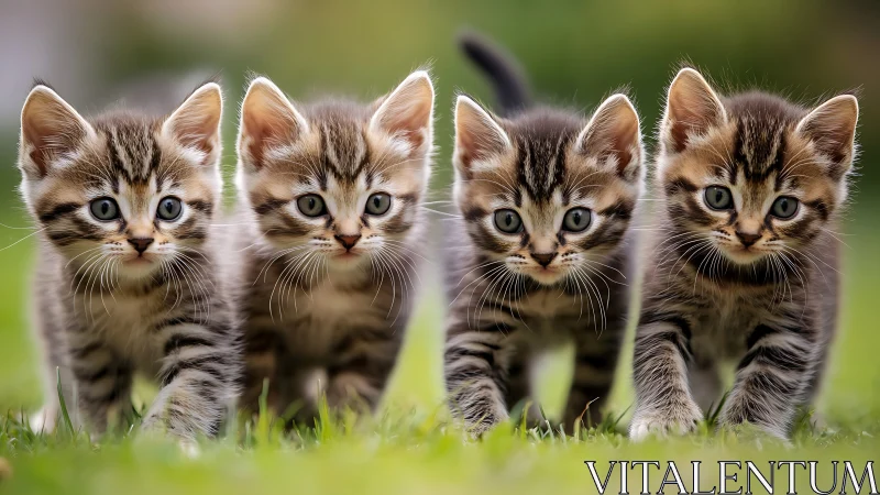 Four tabby kittens walking through grass with alert expressions