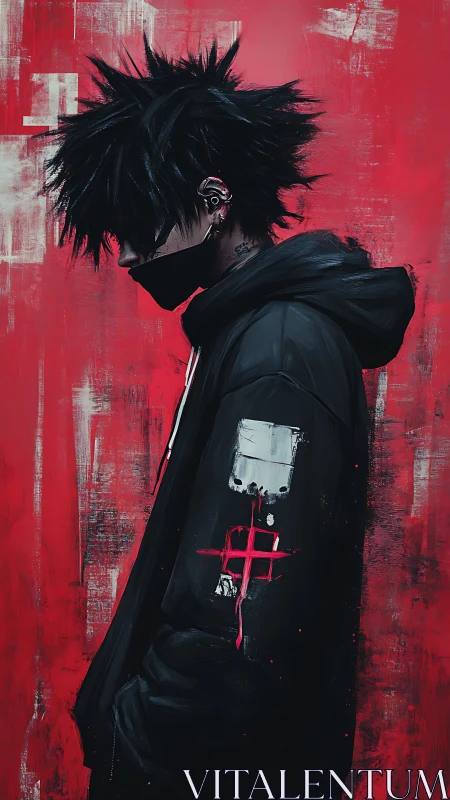 Hooded figure in black mask stands against rough red wall.