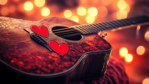 Romantic acoustic guitar glows under warm bokeh lights.