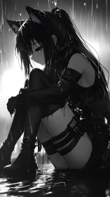 Melancholic cat-eared girl sits in the rain at night.