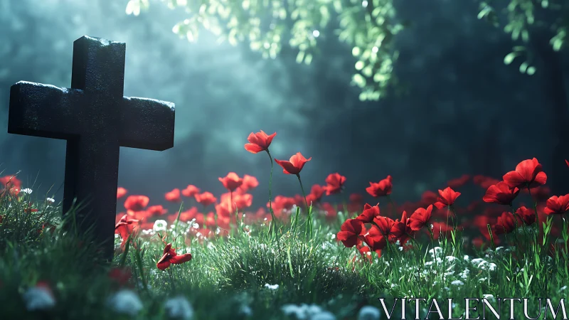 Stone grave cross rests amid glowing red poppy meadow.