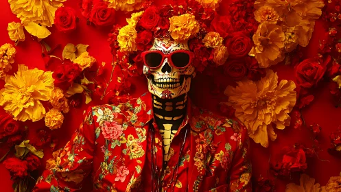 Floral sugar skull figure stands amid vivid red blossoms.