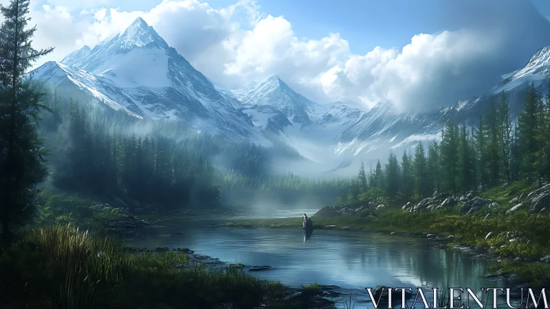 Digital landscape of alpine lake, misted pines, and peaks.