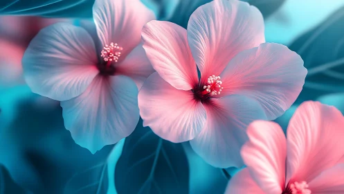 Pink hibiscus flowers bloom against teal backdrop.