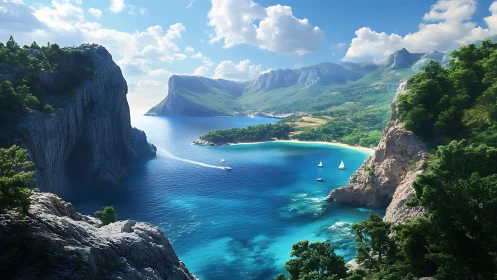 Alpine Lake Basin with Limestone Cliffs and Sailboats