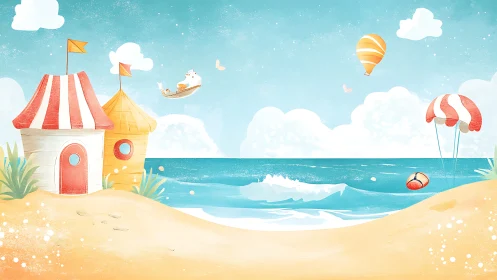 Whimsical seaside cottages under cotton clouds and balloons.