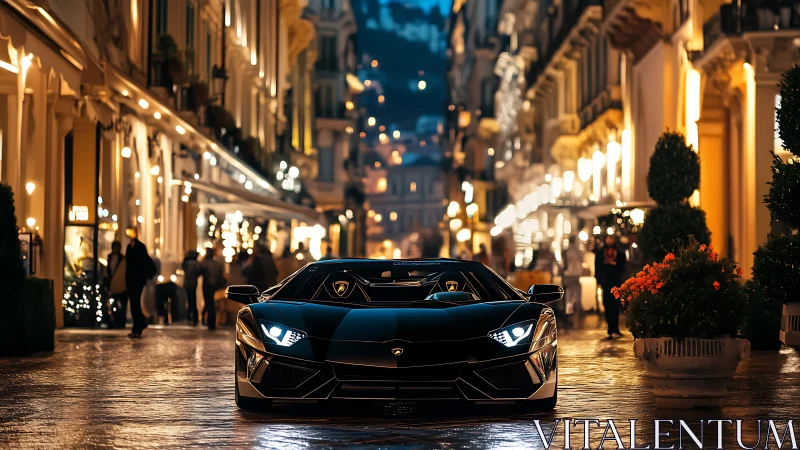 Midnight supercar glows along a lively European city street