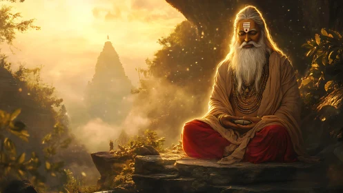 Meditating sage sits in glowing forest before distant temple
