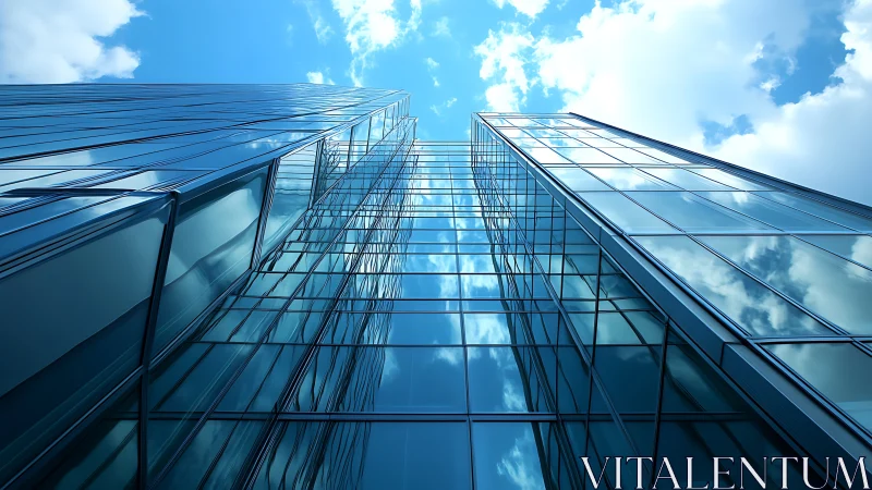 Glass curtain wall skyscrapers converge into reflective sky