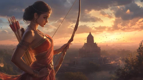 Digital painting of warrior archer at temple sunrise vista.