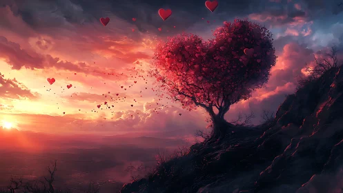Heart-Shaped Tree at Sunset: Romantic Digital Landscape.