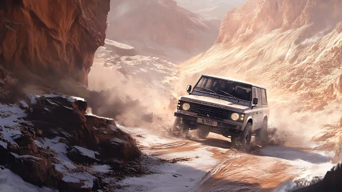 Off-road SUV powers through dusty snow-lined canyon in dynamic drift