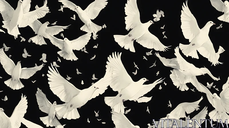 Monochrome dove pattern in dynamic flight composition.