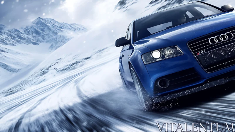 Blue performance sedan powers through dynamic alpine snow drift