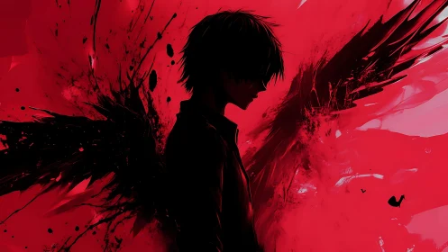 Silhouetted dark angel with shattered wings in crimson void.