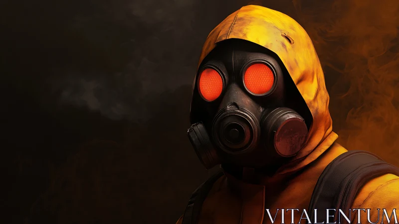 Figure in gas mask and yellow hazmat hood faces smoky void