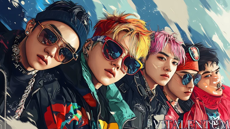 Stylized boy band peers forward in vivid winter streetwear