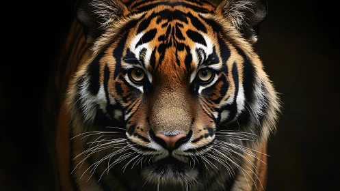 Front facing tiger portrait in low key lighting, high detail