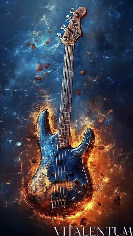 Electrified blue bass guitar engulfed in cosmic firestorm.
