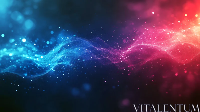 Luminous blue and magenta particle waves in motion.