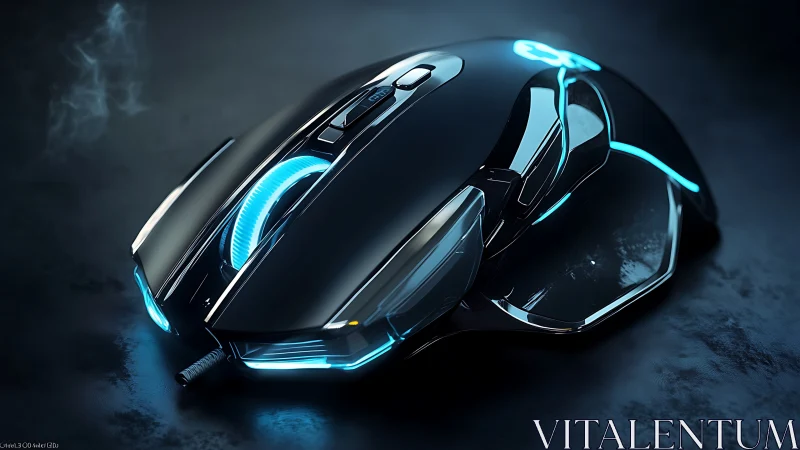 Futuristic gaming mouse with blue LED lighting on dark surface.