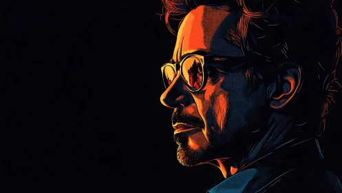 Profile portrait of man with glasses in contrasted light.