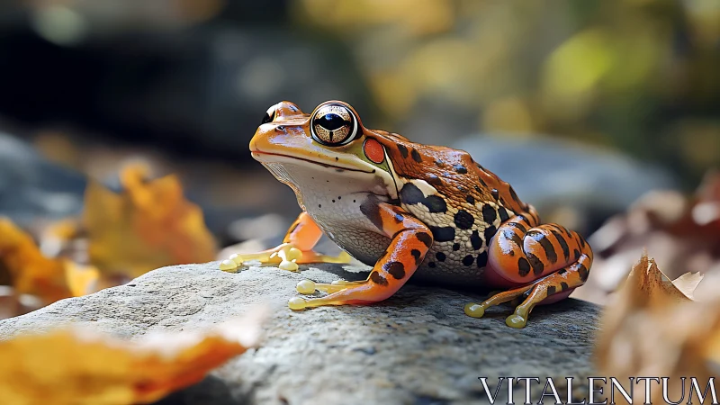 Vibrant orange tree frog on mossy woodland rock in autumn.