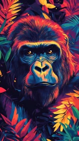 Gorilla portrait in neon jungle palette with vivid foliage.