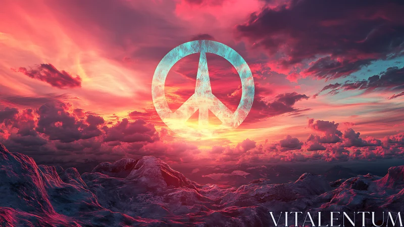 Peace symbol glowing over surreal neon sunset sky.