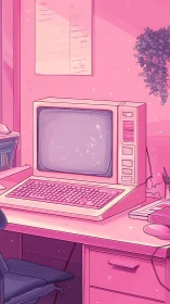Retro desktop computer on monochrome pink office desk.
