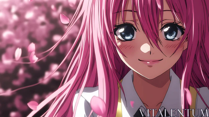 Soft pink haired anime girl smiles beneath drifting petals