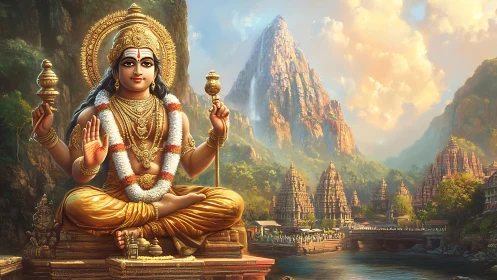 Ornate Hindu deity statue dominates riverfront temple landscape