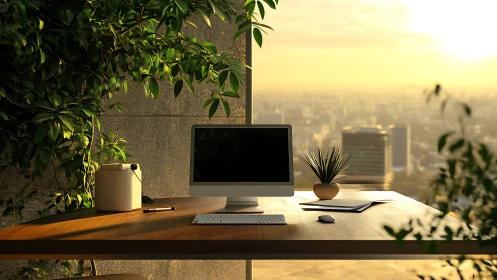 Biophilic high-rise workstation under warm volumetric sunset.