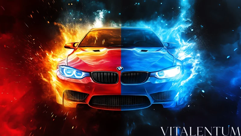 Split fire and ice sports car with dramatic energy burst.